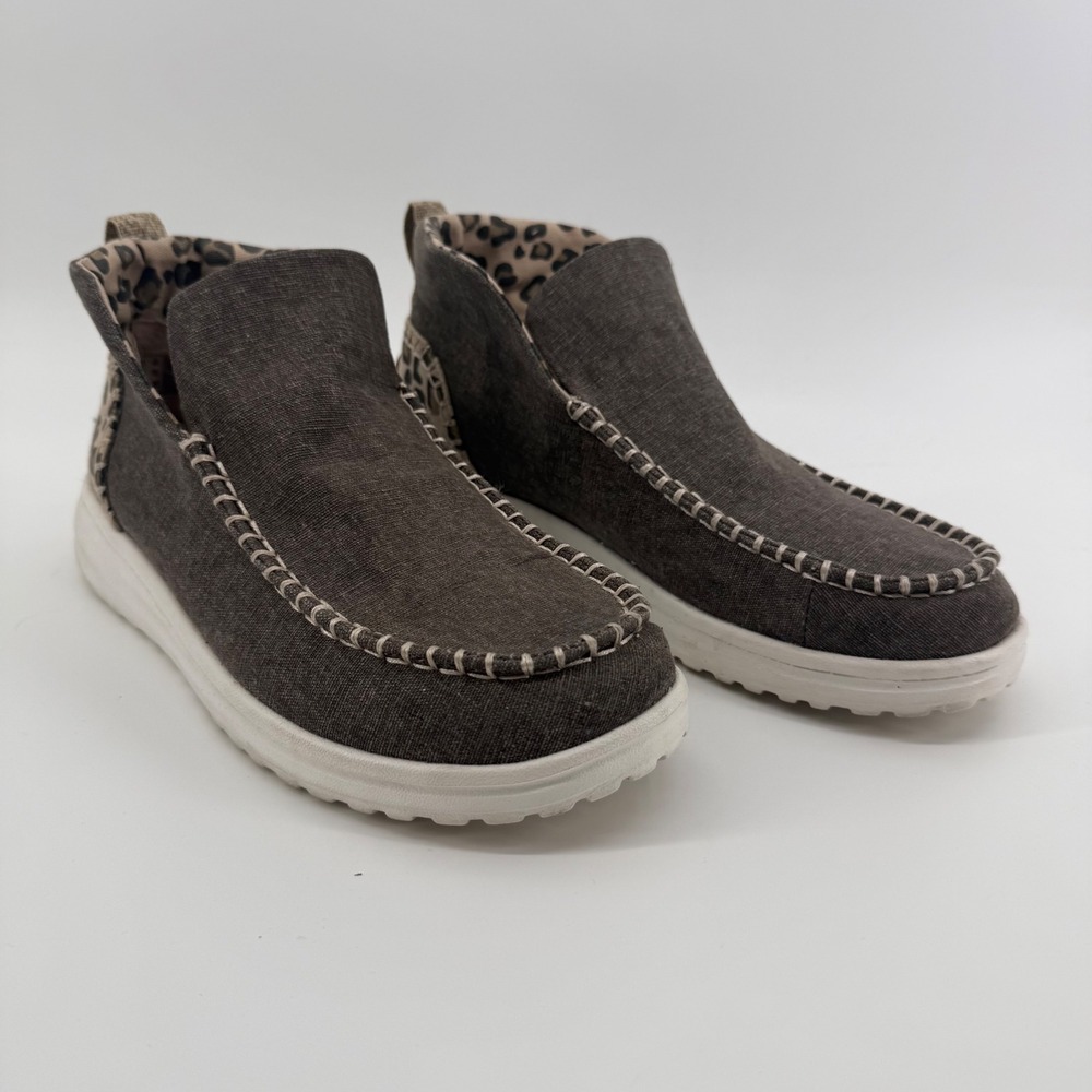 Hey Dude Denny Crafted Leopard Grey Canvas Slip On Ankle Boots Womens 9